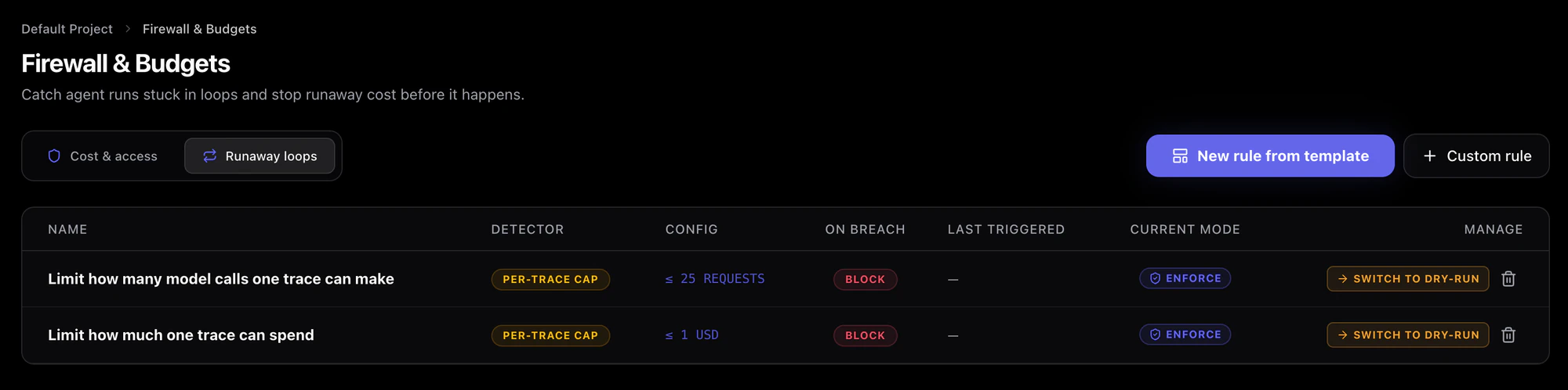 Two loop rules in the rules list, each showing its detector, the number it holds, what it does on breach, and whether it is enforcing